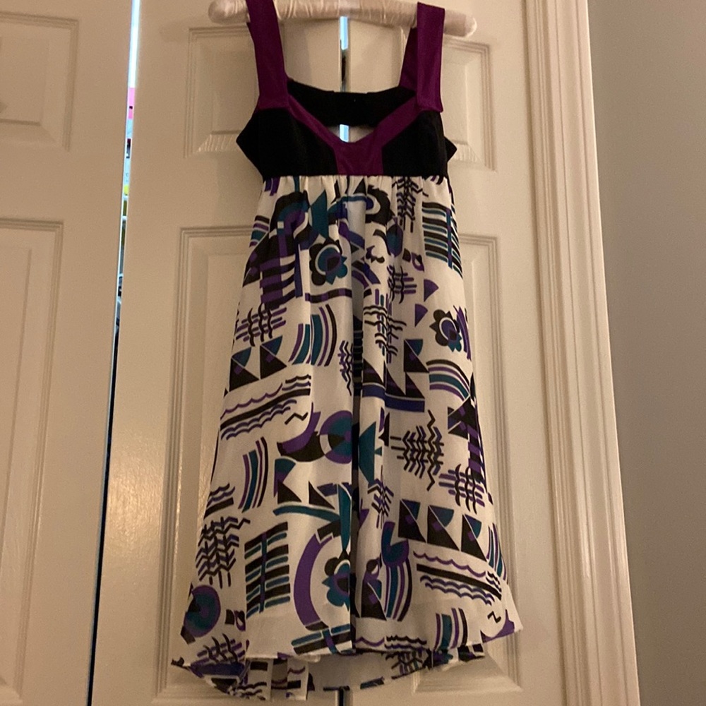 Black, White, Teal and Magenta mini dress. Scoop back with elastic back. $38